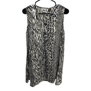 Summer Time Black White Animal Print Medium Sleeveless Button-Down Top